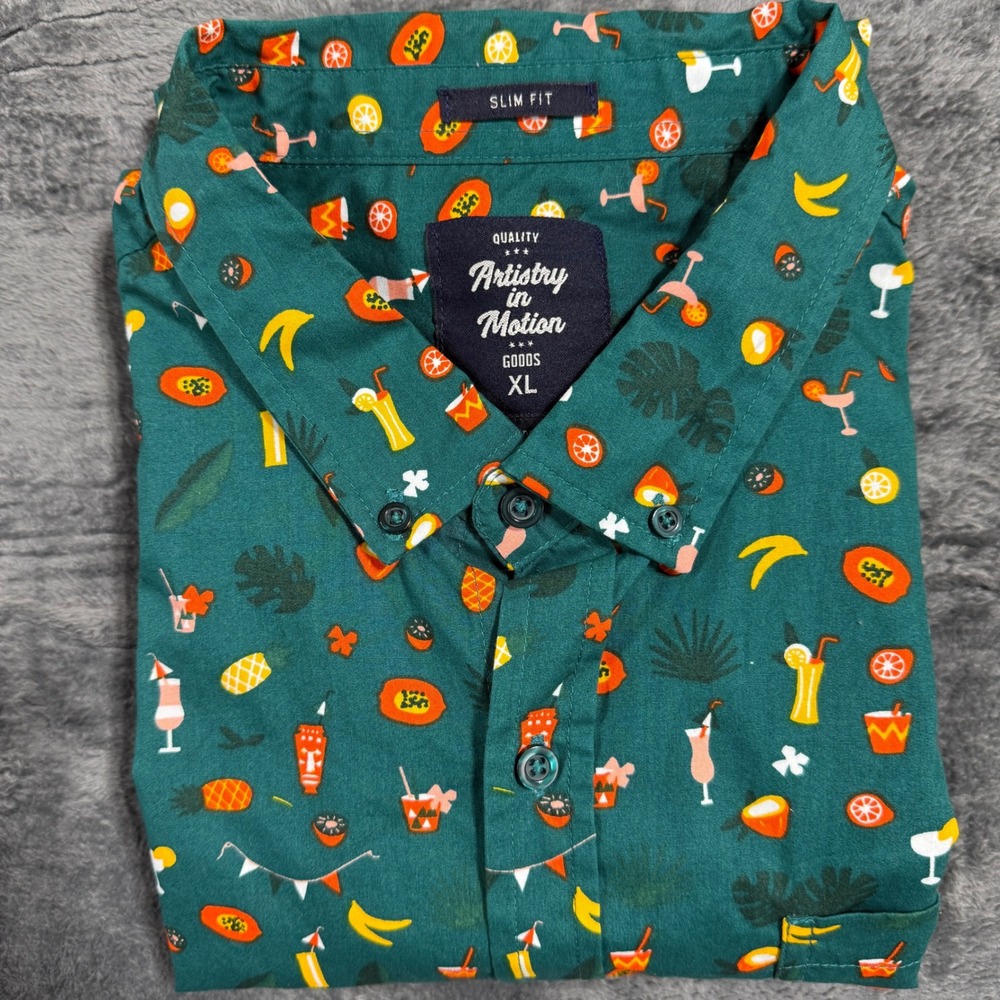 Artistry in Motion Button Down Shirt Mens XL Teal Green Tropical Cocktail Print